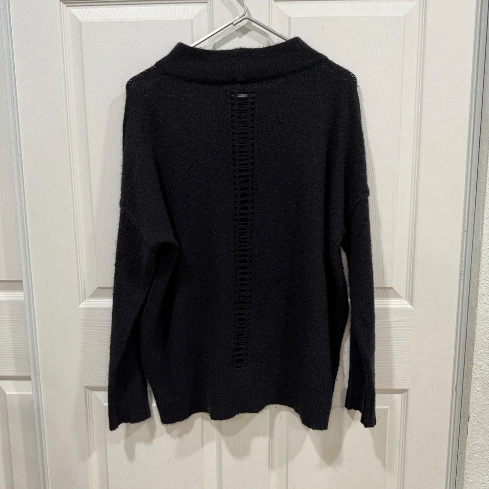360 Cashmere Monica Sweater Navy Blue 100% Cashmere Mock Neck Ladder Back Small‎